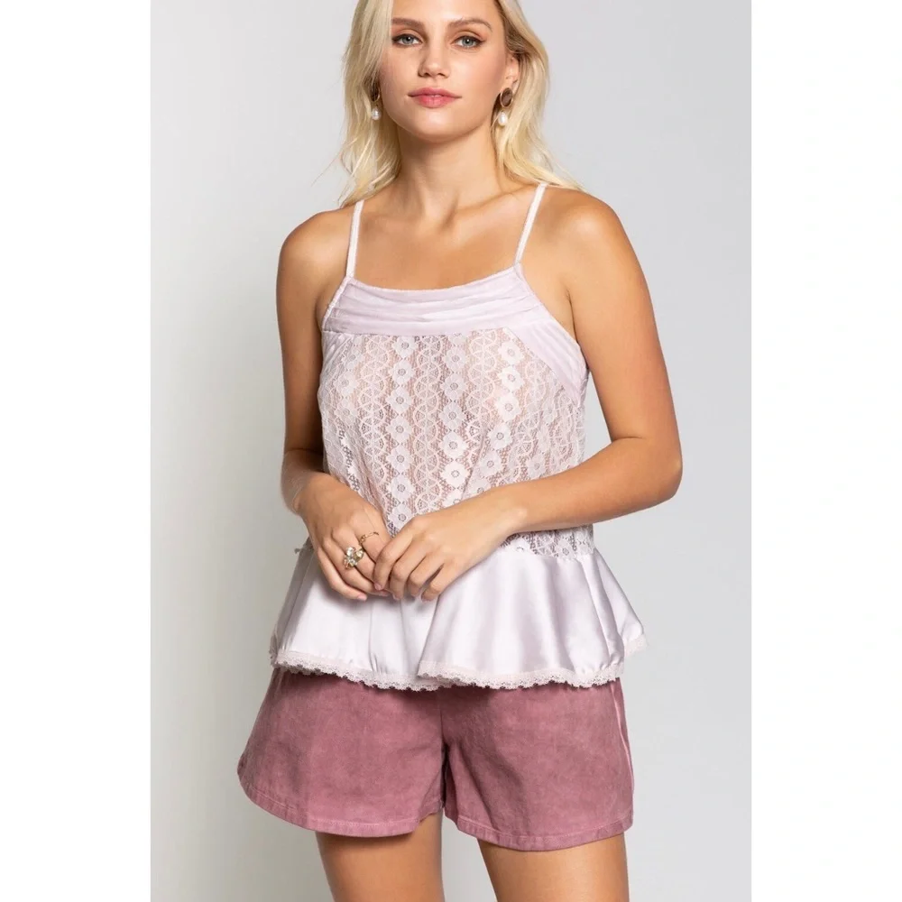 POL Pale Pink Satin & Lace Peplum Cami Layering Top - Picture 6 of 10